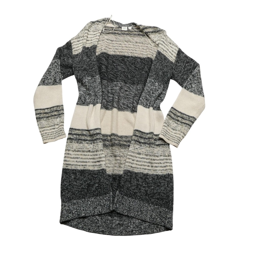 Gap Sweater Womens Medium Gray Cream Striped Open Front Long Cardigan Knit